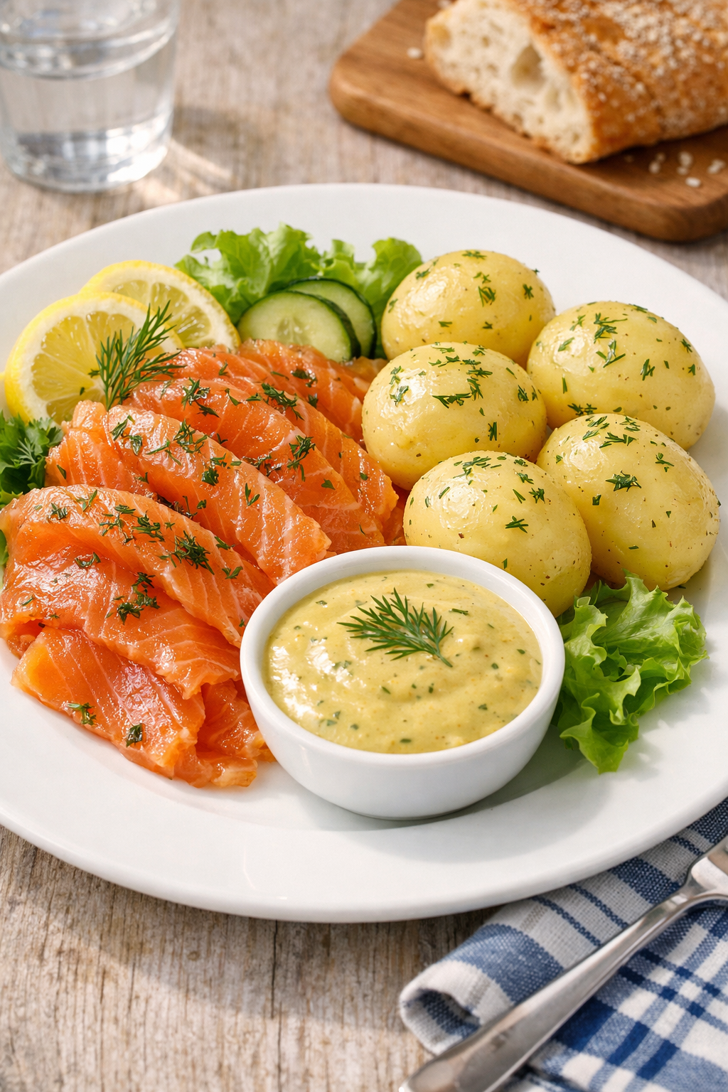 Gravlax med kokt potatis och hovmastarssas