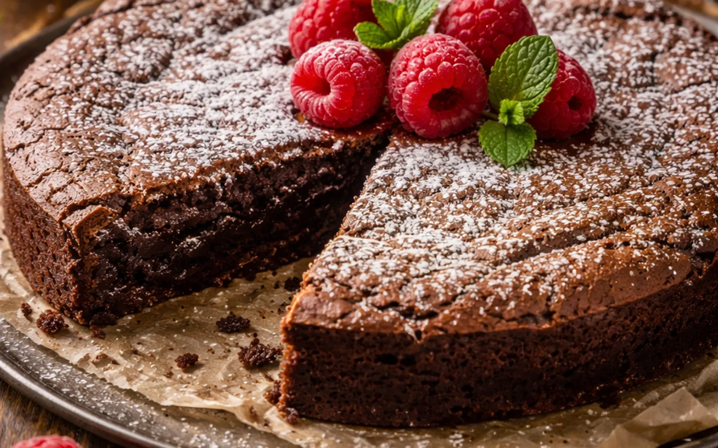 Kladdkaka med florsocker och vispad grädde